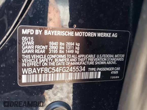 2015 BMW 7 Series 750Li xDrive with VIN WBAYF8C54FG245534, listed as a Copart auction lot 59421255 with 135,026 mi miles and Salvage title. Bid and sale history available at DreamBid. Image 12.