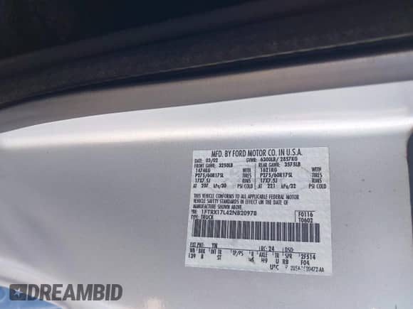 2002 Ford F-150 XL с VIN 1FTRX17L42NB20978, выставлен на аукционе IAAI как лот 43438213 с пробегом Не указан миль и . История ставок и продаж доступна на DreamBid. Изображение 9.