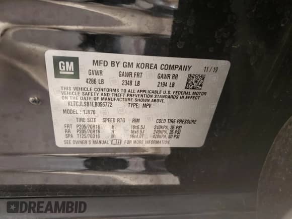 2020 Chevrolet Trax LT z VIN KL7CJLSB1LB056772, wystawiony jako Copart lot #85144125 z przebiegiem 46 505 mil mil oraz Szkoda całkowita • Salvage title. Historia ofert i sprzedaży dostępna na DreamBid. Obrazek 13.