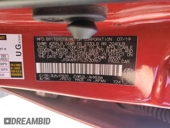 2020 Toyota Prius LE with VIN JTDKARFP1L3130967, listed as a Copart auction lot 80495065 with 64,702 mi miles and Salvage title. Bid and sale history available at DreamBid. Image 12.