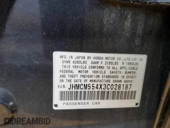 2003 Honda Accord z VIN JHMCM554X3C028187, wystawiony jako Copart lot #48032725 z przebiegiem 178 222 mil mil oraz Szkoda całkowita • Salvage title. Historia ofert i sprzedaży dostępna na DreamBid. Obrazek 12.