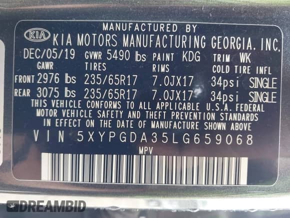 2020 Kia Sorento LX with VIN 5XYPGDA35LG659068, listed as a IAAI auction lot 42425760 with 88,017 mi miles and . Bid and sale history available at DreamBid. Image 9.