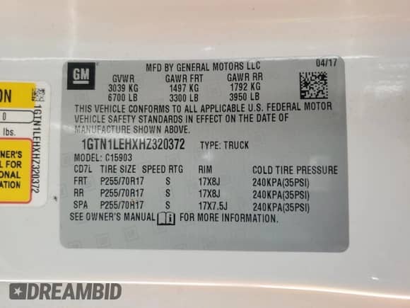 2017 GMC Sierra 1500 with VIN 1GTN1LEHXHZ320372, listed as a Copart auction lot 50305325 with 88,909 mi miles and Salvage title. Bid and sale history available at DreamBid. Image 12.