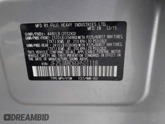 2016 Subaru Forester 2.5i z VIN JF2SJABC6GH501118, wystawiony jako IAAI lot #43408683 z przebiegiem 104 586 mil mil oraz . Historia ofert i sprzedaży dostępna na DreamBid. Obrazek 9.