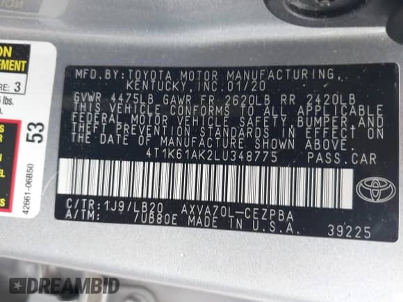 2020 Toyota Camry XSE z VIN 4T1K61AK2LU348775, wystawiony jako IAAI lot #43318321 z przebiegiem 66 564 mil mil oraz . Historia ofert i sprzedaży dostępna na DreamBid. Obrazek 9.