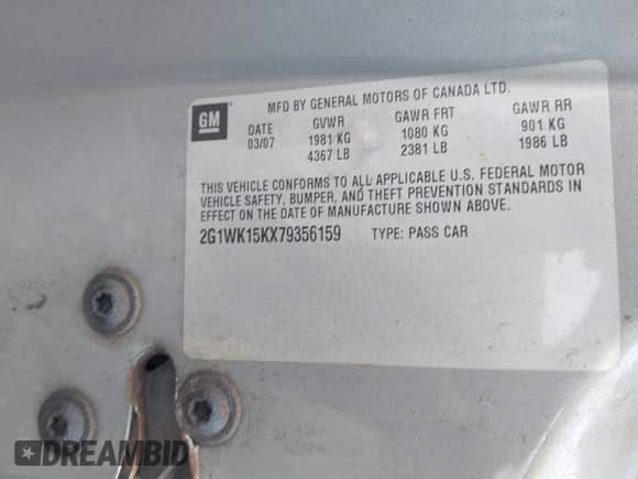 2007 Chevrolet Monte Carlo LT с VIN 2G1WK15KX79356159, выставлен на аукционе IAAI как лот 42608923 с пробегом 171 131 миль миль и . История ставок и продаж доступна на DreamBid. Изображение 9.