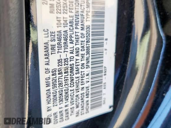 2007 Honda Odyssey Touring with VIN 5FNRL38867B052030, listed as a Copart auction lot 86277085 with 363,379 mi miles and Salvage title. Bid and sale history available at DreamBid. Image 14.