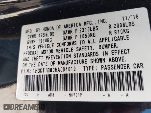 2017 Honda Accord EX-L with VIN 1HGCT1B80HA004019, listed as a IAAI auction lot 43442201 with 120,279 mi miles and . Bid and sale history available at DreamBid. Image 9.