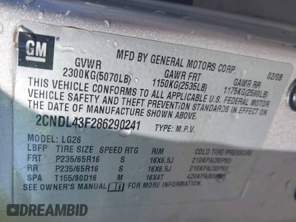 2008 Chevrolet Equinox LT с VIN 2CNDL43F286290241, выставлен на аукционе IAAI как лот 43325791 с пробегом 226 812 миль миль и . История ставок и продаж доступна на DreamBid. Изображение 9.