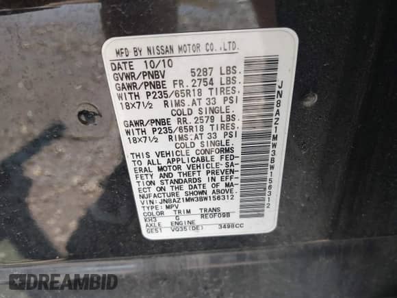 2011 Nissan Murano S z VIN JN8AZ1MW3BW156312, wystawiony jako IAAI lot #42202532 z przebiegiem 121 505 mil mil oraz . Historia ofert i sprzedaży dostępna na DreamBid. Obrazek 9.