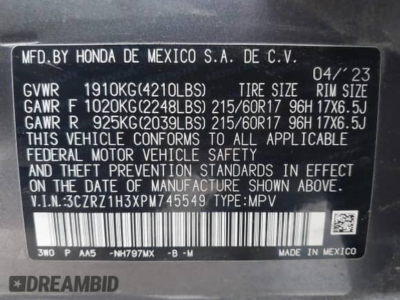 2023 Honda HR-V LX с VIN 3CZRZ1H3XPM745549, выставлен на аукционе IAAI как лот 42813343 с пробегом 39 897 миль миль и . История ставок и продаж доступна на DreamBid. Изображение 9.