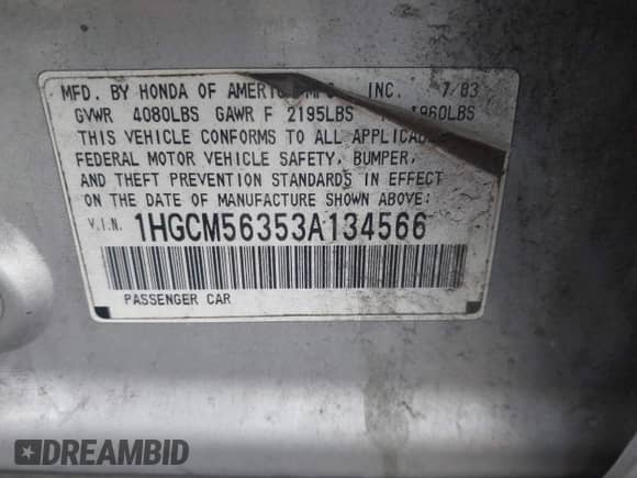 2003 Honda Accord LX with VIN 1HGCM56353A134566, listed as a IAAI auction lot 43022298 with 296,236 mi miles and . Bid and sale history available at DreamBid. Image 9.