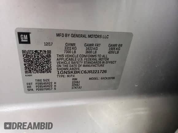 2018 Chevrolet Tahoe LT z VIN 1GNSKBKC6JR221726, wystawiony jako Copart lot #62547704 z przebiegiem 77 510 mil mil oraz Szkoda całkowita • Salvage title. Historia ofert i sprzedaży dostępna na DreamBid. Obrazek 13.