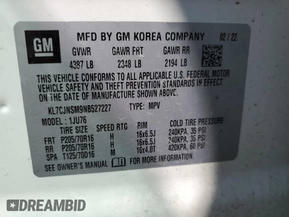 2022 Chevrolet Trax LS z VIN KL7CJNSM9NB527227, wystawiony jako Copart lot #65504805 z przebiegiem 67 152 mil mil oraz Nie do naprawy • Non repairable. Historia ofert i sprzedaży dostępna na DreamBid. Obrazek 13.