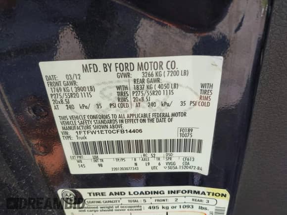 2012 Ford F-150 XL with VIN 1FTFW1ET0CFB14406, listed as a IAAI auction lot 42612707 with 190,040 mi miles and . Bid and sale history available at DreamBid. Image 9.