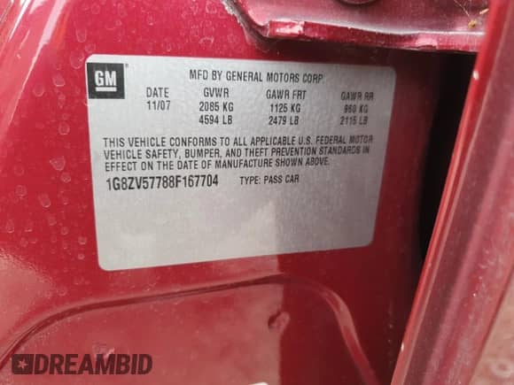 2008 Saturn Aura XR с VIN 1G8ZV57788F167704, выставлен на аукционе Copart как лот 71879385 с пробегом 149 918 миль миль и Списание • Salvage title. История ставок и продаж доступна на DreamBid. Изображение 12.