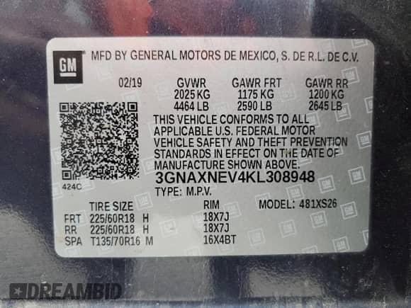 2019 Chevrolet Equinox Premier with VIN 3GNAXNEV4KL308948, listed as a Copart auction lot 69116065 with 36,320 mi miles and Salvage title. Bid and sale history available at DreamBid. Image 13.