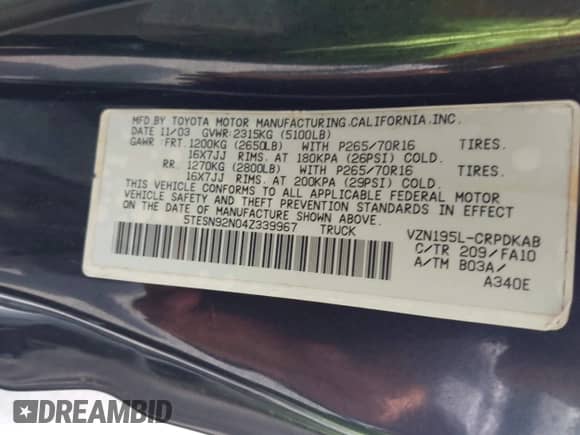 2004 Toyota Tacoma PreRunner z VIN 5TESN92N04Z339967, wystawiony jako IAAI lot #42585200 z przebiegiem 280 189 mil mil oraz . Historia ofert i sprzedaży dostępna na DreamBid. Obrazek 9.
