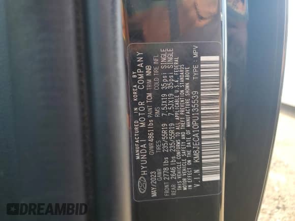 2023 Hyundai Tucson Limited с VIN KM8JECA10PU135539, выставлен на аукционе Copart как лот 65562115 с пробегом 6 205 миль миль и Списание • Salvage title. История ставок и продаж доступна на DreamBid. Изображение 13.