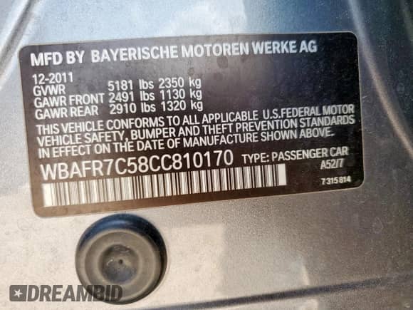 2012 BMW 5 Series 535i с VIN WBAFR7C58CC810170, выставлен на аукционе Copart как лот 66528355 с пробегом 106 179 миль миль и Списание • Salvage title. История ставок и продаж доступна на DreamBid. Изображение 12.