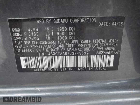 2018 Subaru Impreza z VIN 4S3GTAA67J3743592, wystawiony jako IAAI lot #42830094 z przebiegiem 179 650 mil mil oraz . Historia ofert i sprzedaży dostępna na DreamBid. Obrazek 9.