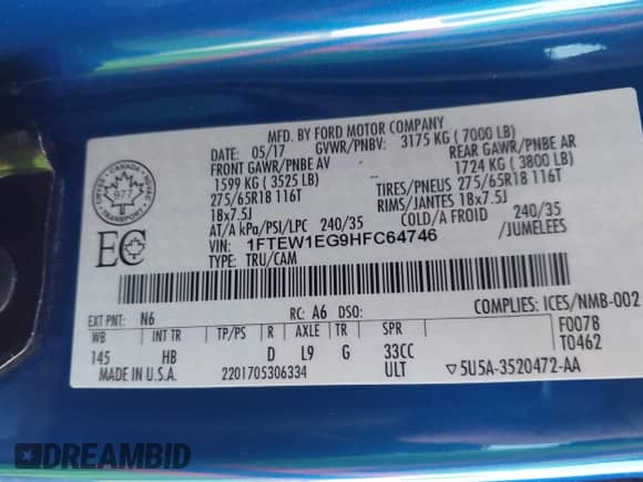 2017 Ford F-150 XL z VIN 1FTEW1EG9HFC64746, wystawiony jako IAAI lot #43428600 z przebiegiem 68 545 mil mil oraz . Historia ofert i sprzedaży dostępna na DreamBid. Obrazek 9.