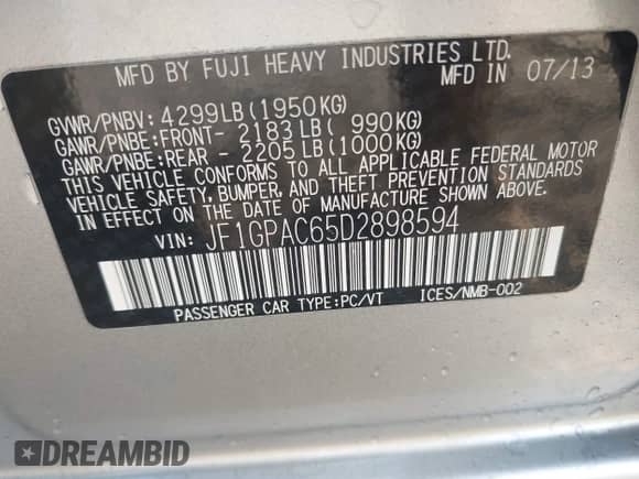 2013 Subaru Impreza Premium with VIN JF1GPAC65D2898594, listed as a IAAI auction lot 42842654 with 202,087 mi miles and . Bid and sale history available at DreamBid. Image 9.