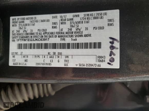 2018 Ford F-150 XL с VIN 1FTFW1EG3JKC63917, выставлен на аукционе Copart как лот 85558085 с пробегом 221 291 миль миль и Чистый • Clean title. История ставок и продаж доступна на DreamBid. Изображение 12.