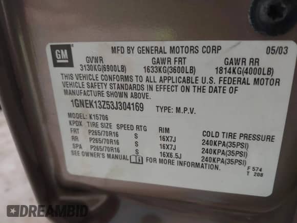 2003 Chevrolet Tahoe LT с VIN 1GNEK13Z53J304169, выставлен на аукционе IAAI как лот 42472014 с пробегом Не указан миль и . История ставок и продаж доступна на DreamBid. Изображение 9.