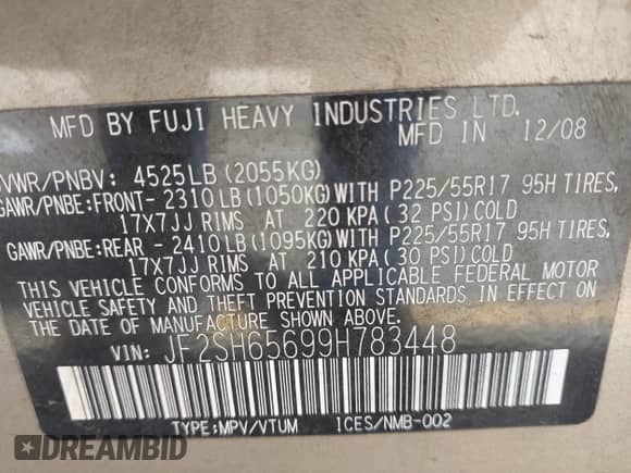 2009 Subaru Forester XT with VIN JF2SH65699H783448, listed as a IAAI auction lot 43177635 with Not provided miles and . Bid and sale history available at DreamBid. Image 9.