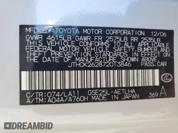 2007 Lexus IS 250 with VIN JTHCK262872013846, listed as a Copart auction lot 90321295 with 168,428 mi miles and Clean title. Bid and sale history available at DreamBid. Image 12.