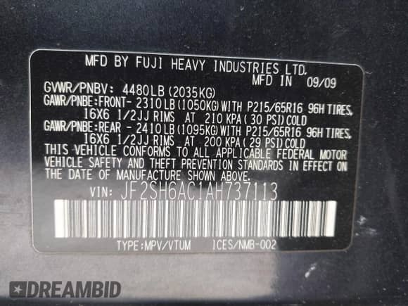 2010 Subaru Forester X z VIN JF2SH6AC1AH737113, wystawiony jako IAAI lot #43482419 z przebiegiem 178 895 mil mil oraz . Historia ofert i sprzedaży dostępna na DreamBid. Obrazek 9.