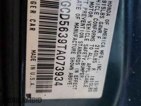 1996 Honda Accord LX z VIN 1HGCD5639TA073934, wystawiony jako Copart lot #80319165 z przebiegiem 218 970 mil mil oraz Szkoda całkowita • Salvage title. Historia ofert i sprzedaży dostępna na DreamBid. Obrazek 12.