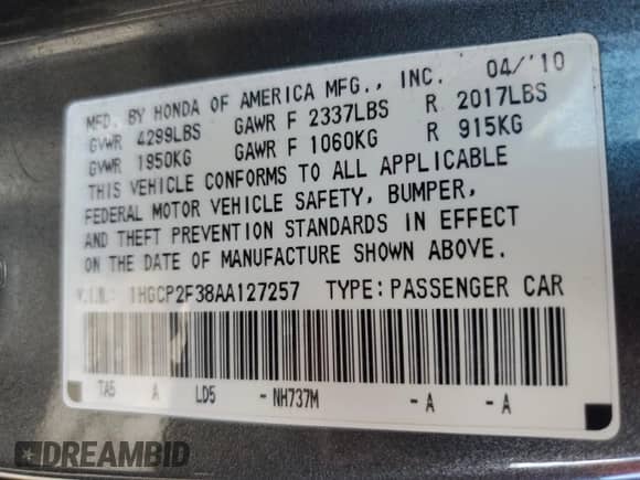 2010 Honda Accord LX z VIN 1HGCP2F38AA127257, wystawiony jako Copart lot #69395275 z przebiegiem 140 051 mil mil oraz Szkoda całkowita • Salvage title. Historia ofert i sprzedaży dostępna na DreamBid. Obrazek 12.