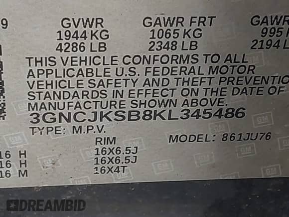 2019 Chevrolet Trax LS z VIN 3GNCJKSB8KL345486, wystawiony jako IAAI lot #43363196 z przebiegiem 130 103 mil mil oraz . Historia ofert i sprzedaży dostępna na DreamBid. Obrazek 9.