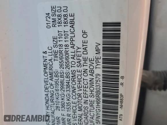 2024 Honda Pilot TrailSport с VIN 5FNYG1H66RB037579, выставлен на аукционе Copart как лот 63337795 с пробегом 25 833 миль миль и Списание • Salvage title. История ставок и продаж доступна на DreamBid. Изображение 14.