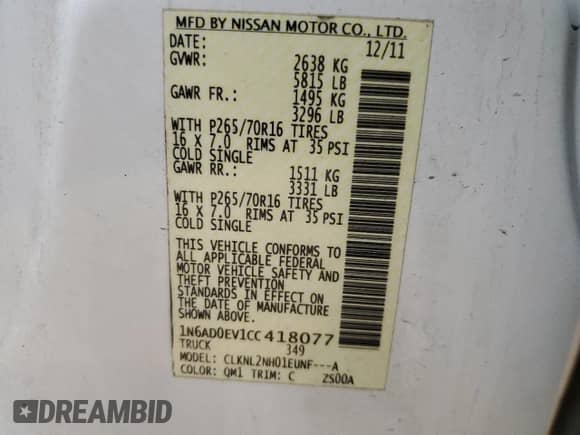 2012 Nissan Frontier SV с VIN 1N6AD0EV1CC418077, выставлен на аукционе Copart как лот 68579095 с пробегом Не указан миль и Списание • Salvage title. История ставок и продаж доступна на DreamBid. Изображение 12.