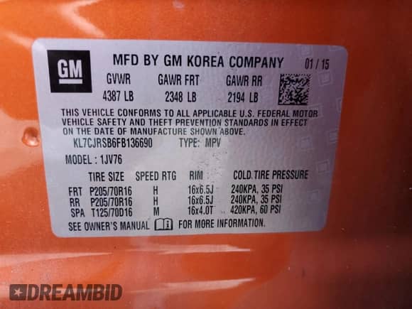 2015 Chevrolet Trax LT с VIN KL7CJRSB6FB136690, выставлен на аукционе Copart как лот 70961435 с пробегом 137 931 миль миль и Чистый • Clean title. История ставок и продаж доступна на DreamBid. Изображение 13.