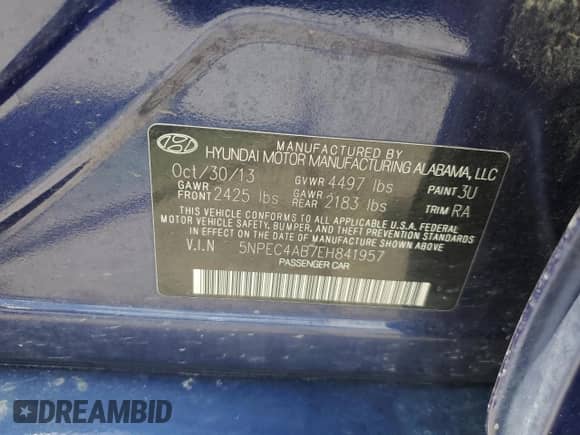 2014 Hyundai Sonata Limited with VIN 5NPEC4AB7EH841957, listed as a Copart auction lot 62652095 with 96,625 mi miles and Salvage title. Bid and sale history available at DreamBid. Image 12.