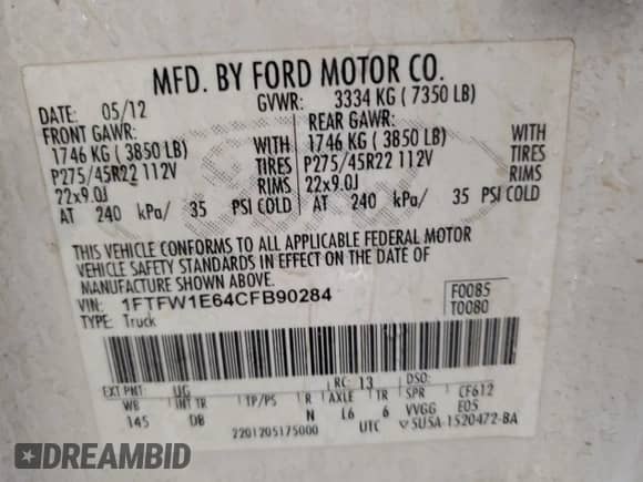 2012 Ford F-150 Lariat z VIN 1FTFW1E64CFB90284, wystawiony jako Copart lot #50325615 z przebiegiem 208 499 mil mil oraz Szkoda całkowita • Salvage title. Historia ofert i sprzedaży dostępna na DreamBid. Obrazek 12.