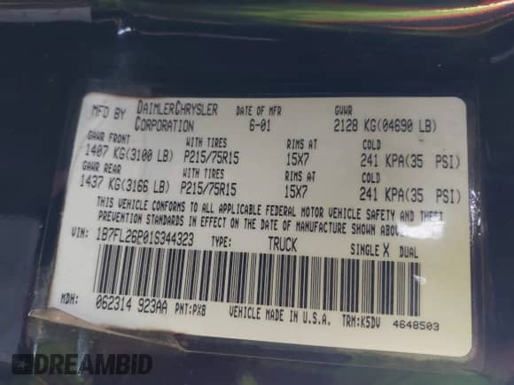 2001 Dodge Dakota с VIN 1B7FL26P01S344323, выставлен на аукционе IAAI как лот 41494859 с пробегом Не указан миль и . История ставок и продаж доступна на DreamBid. Изображение 9.