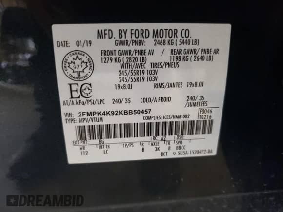 2019 Ford Edge Titanium with VIN 2FMPK4K92KBB50457, listed as a Copart auction lot 71265525 with 46,428 mi miles and Salvage title. Bid and sale history available at DreamBid. Image 13.