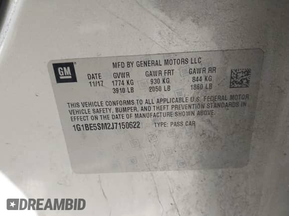 2018 Chevrolet Cruze LT z VIN 1G1BE5SM2J7150622, wystawiony jako IAAI lot #43325104 z przebiegiem 98 869 mil mil oraz . Historia ofert i sprzedaży dostępna na DreamBid. Obrazek 9.