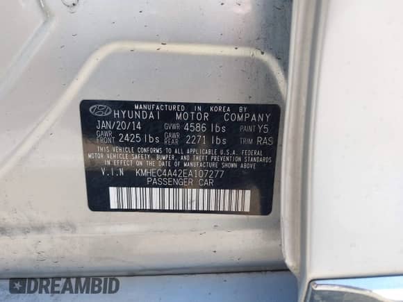 2014 Hyundai Sonata z VIN KMHEC4A42EA107277, wystawiony jako IAAI lot #42859723 z przebiegiem 153 125 mil mil oraz . Historia ofert i sprzedaży dostępna na DreamBid. Obrazek 9.