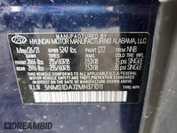 2021 Hyundai Santa Fe SE с VIN 5NMS1DAJ2MH371011, выставлен на аукционе Copart как лот 61288225 с пробегом 72 974 миль миль и Списание • Salvage title. История ставок и продаж доступна на DreamBid. Изображение 13.