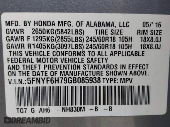 2016 Honda Pilot EX-L z VIN 5FNYF6H79GB085938, wystawiony jako IAAI lot #43285983 z przebiegiem 182 022 mil mil oraz . Historia ofert i sprzedaży dostępna na DreamBid. Obrazek 9.