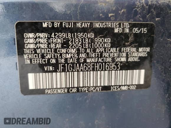 2015 Subaru Impreza z VIN JF1GJAA68FH016953, wystawiony jako Copart lot #68153745 z przebiegiem 67 019 mil mil oraz Nie do naprawy • Non repairable. Historia ofert i sprzedaży dostępna na DreamBid. Obrazek 12.