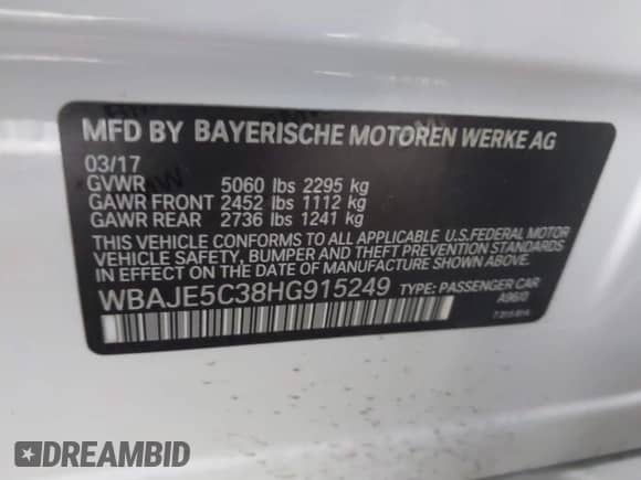 2017 BMW 5 Series 540i с VIN WBAJE5C38HG915249, выставлен на аукционе IAAI как лот 41472001 с пробегом 54 396 миль миль и . История ставок и продаж доступна на DreamBid. Изображение 9.