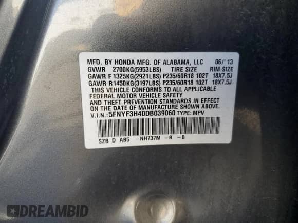 2013 Honda Pilot EX with VIN 5FNYF3H40DB039060, listed as a Copart auction lot 55322705 with 127,739 mi miles and Salvage title. Bid and sale history available at DreamBid. Image 13.