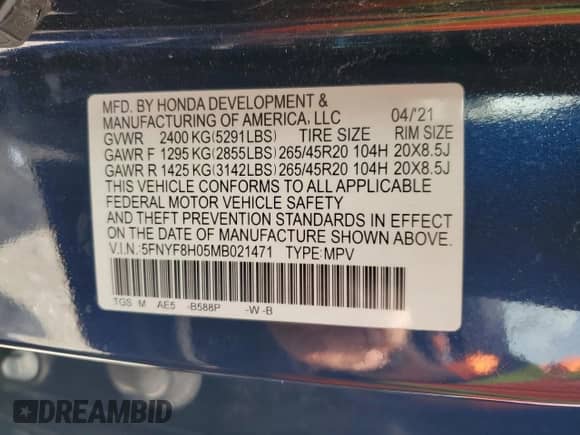 2021 Honda Passport Elite с VIN 5FNYF8H05MB021471, выставлен на аукционе Copart как лот 62143845 с пробегом 62 936 миль миль и Списание • Salvage title. История ставок и продаж доступна на DreamBid. Изображение 12.
